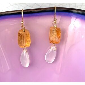 Vintage Citrine Yellow Cabochon Drop Earrings, teardrop Moonstone, Unmarked